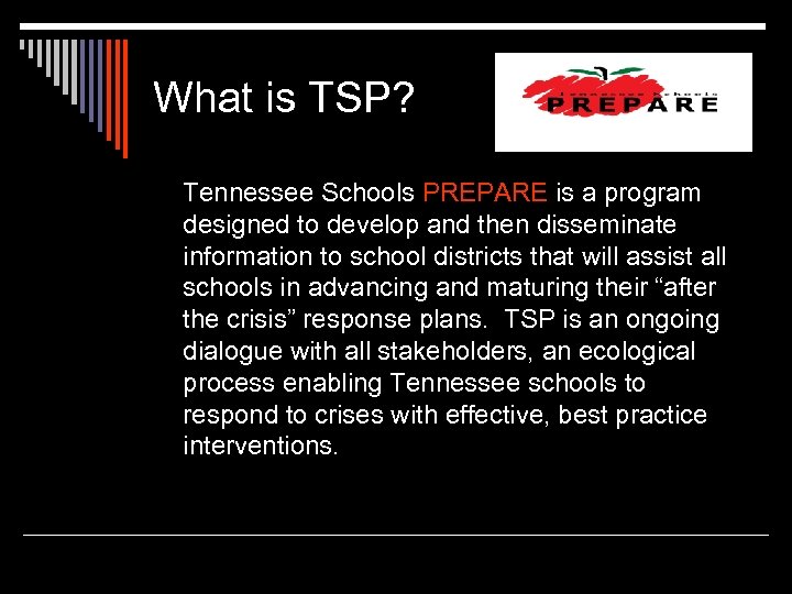 What is TSP? Tennessee Schools PREPARE is a program designed to develop and then