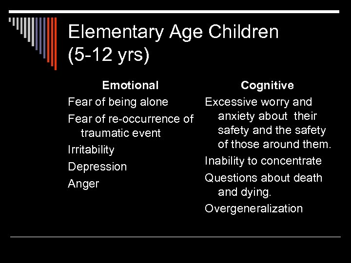 Elementary Age Children (5 -12 yrs) Emotional Cognitive Fear of being alone Excessive worry
