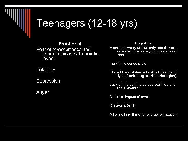 Teenagers (12 -18 yrs) Emotional Fear of re-occurrence and repercussions of traumatic event Cognitive