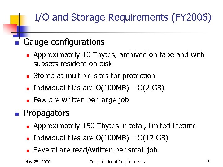 I/O and Storage Requirements (FY 2006) n Gauge configurations n Approximately 10 Tbytes, archived