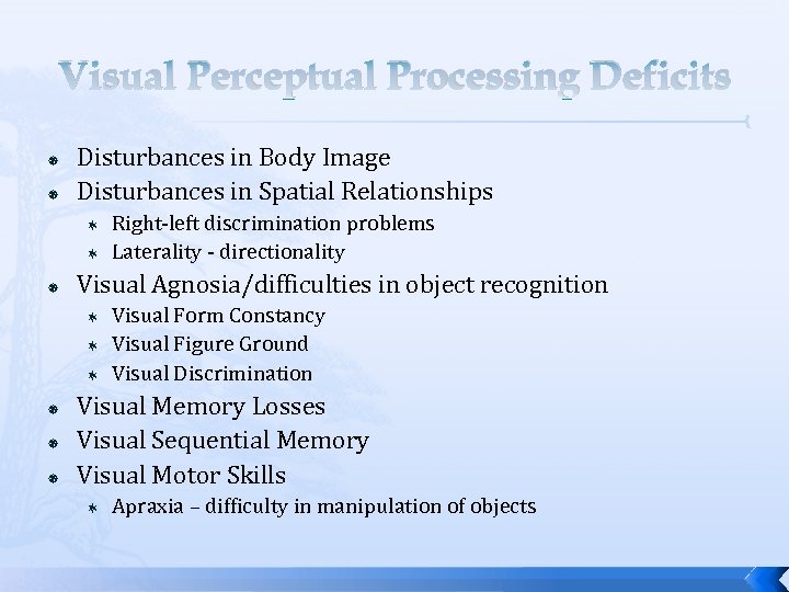Visual Perceptual Processing Deficits Disturbances in Body Image Disturbances in Spatial Relationships Visual Agnosia/difficulties