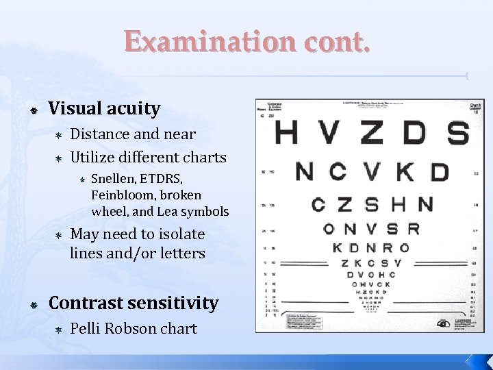 Examination cont. Visual acuity Distance and near Utilize different charts Snellen, ETDRS, Feinbloom, broken