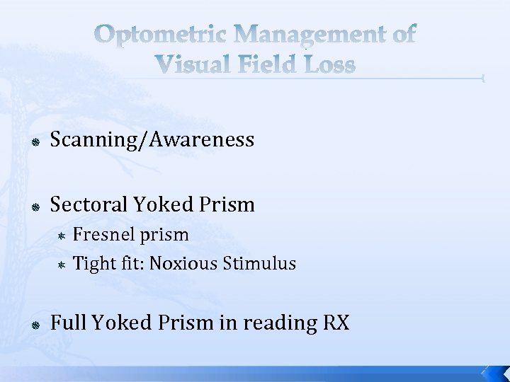 Optometric Management of Visual Field Loss Scanning/Awareness Sectoral Yoked Prism Fresnel prism Tight fit: