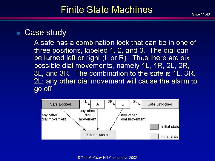 Finite State Machines l Slide 11. 43 Case study A safe has a combination