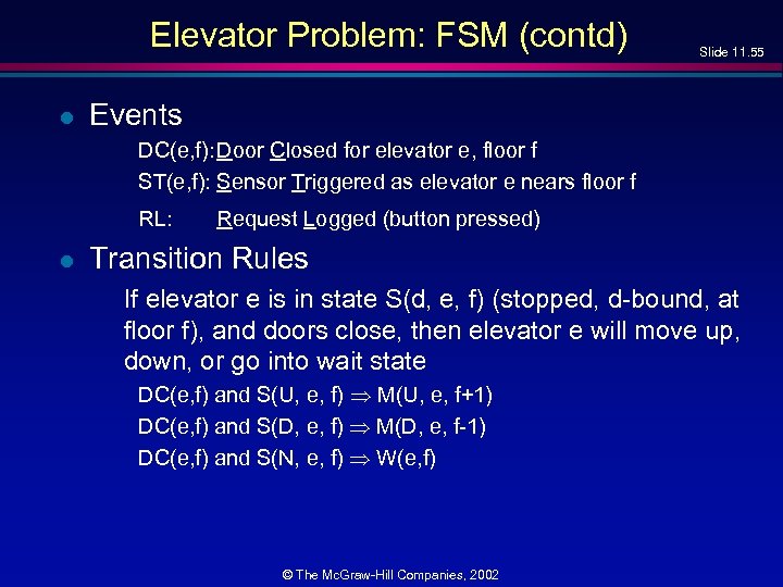 Elevator Problem: FSM (contd) l Slide 11. 55 Events DC(e, f): Door Closed for