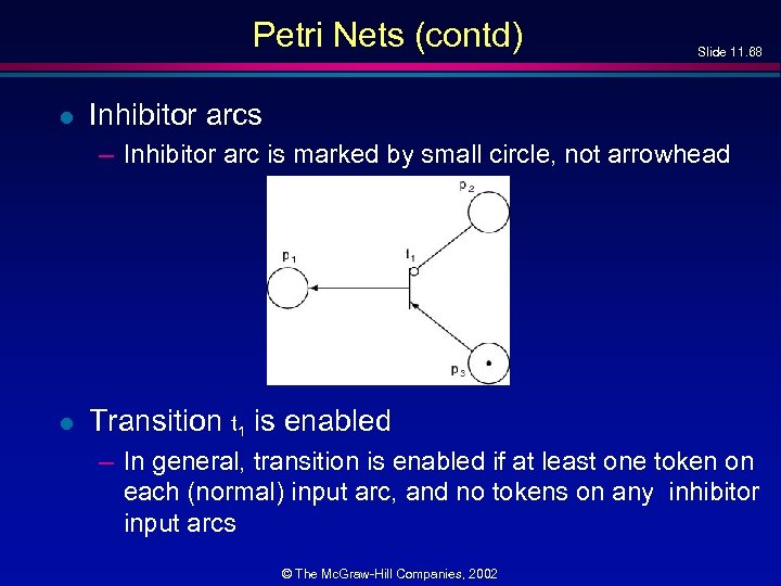 Petri Nets (contd) l Slide 11. 68 Inhibitor arcs – Inhibitor arc is marked