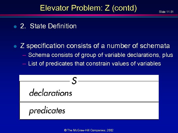 Elevator Problem: Z (contd) Slide 11. 81 l 2. State Definition l Z specification