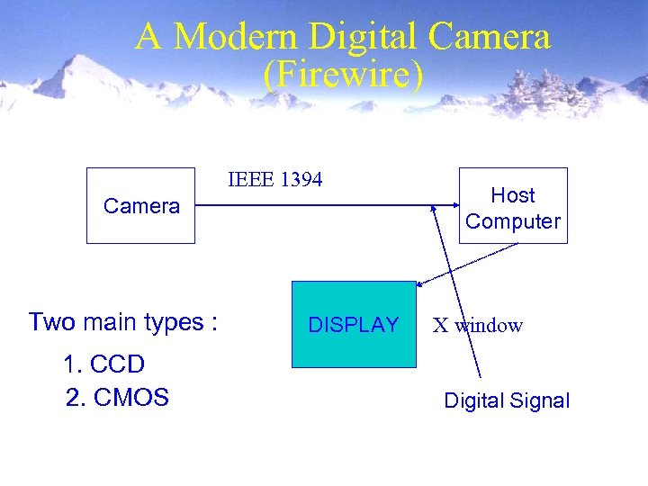 A Modern Digital Camera (Firewire) IEEE 1394 Camera Two main types : 1. CCD