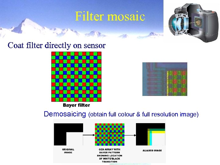 Filter mosaic Coat filter directly on sensor Demosaicing (obtain full colour & full resolution