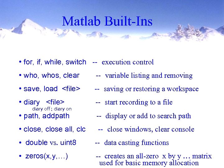 Matlab Built-Ins • for, if, while, switch -- execution control • who, whos, clear