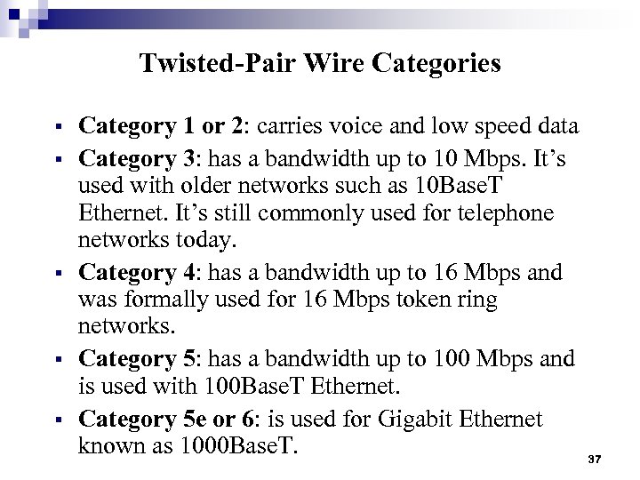 Twisted-Pair Wire Categories § § § Category 1 or 2: carries voice and low