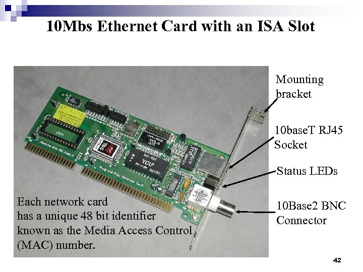 10 Mbs Ethernet Card with an ISA Slot Mounting bracket 10 base. T RJ