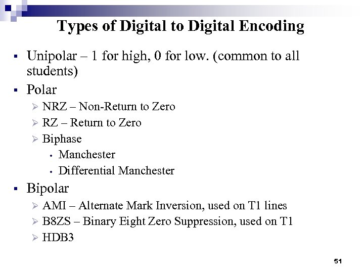 Types of Digital to Digital Encoding § § Unipolar – 1 for high, 0