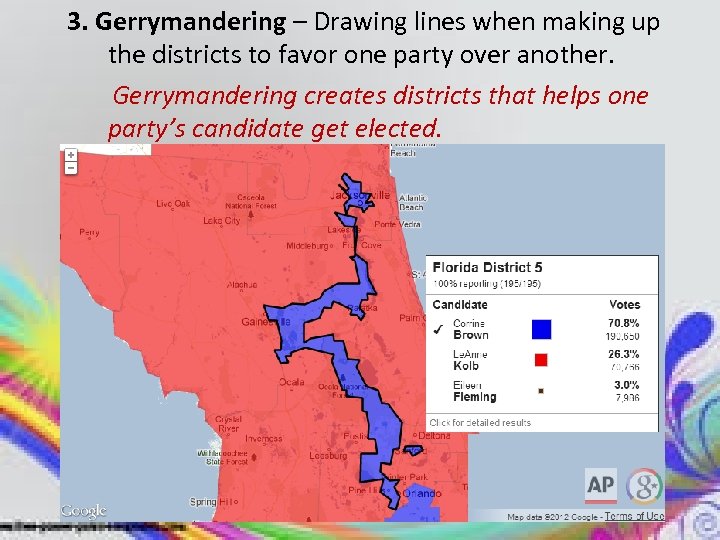 3. Gerrymandering – Drawing lines when making up the districts to favor one party