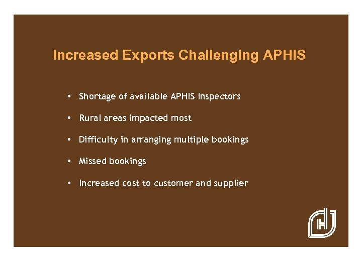 Increased Exports Challenging APHIS • Shortage of available APHIS Inspectors • Rural areas impacted