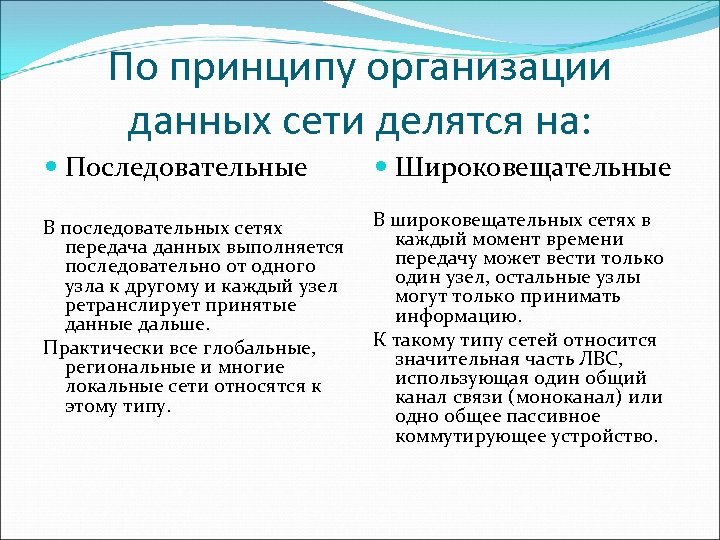По принципу организации данных сети делятся на: Последовательные Широковещательные В последовательных сетях передача данных