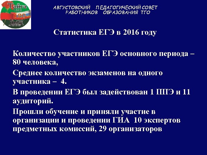 АВГУСТОВСКИЙ ПЕДАГОГИЧЕСКИЙ СОВЕТ РАБОТНИКОВ ОБРАЗОВАНИЯ ТГО Статистика ЕГЭ в 2016 году Количество участников ЕГЭ