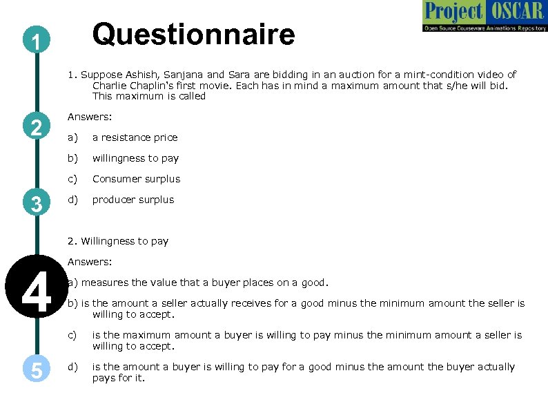 Questionnaire 1 1. Suppose Ashish, Sanjana and Sara are bidding in an auction for