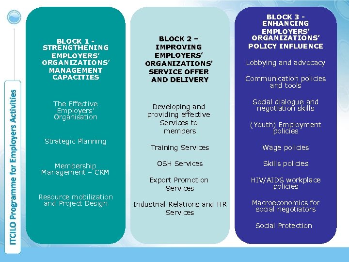 BLOCK 3 ENHANCING EMPLOYERS’ ORGANIZATIONS’ POLICY INFLUENCE BLOCK 1 STRENGTHENING EMPLOYERS’ ORGANIZATIONS’ MANAGEMENT CAPACITIES