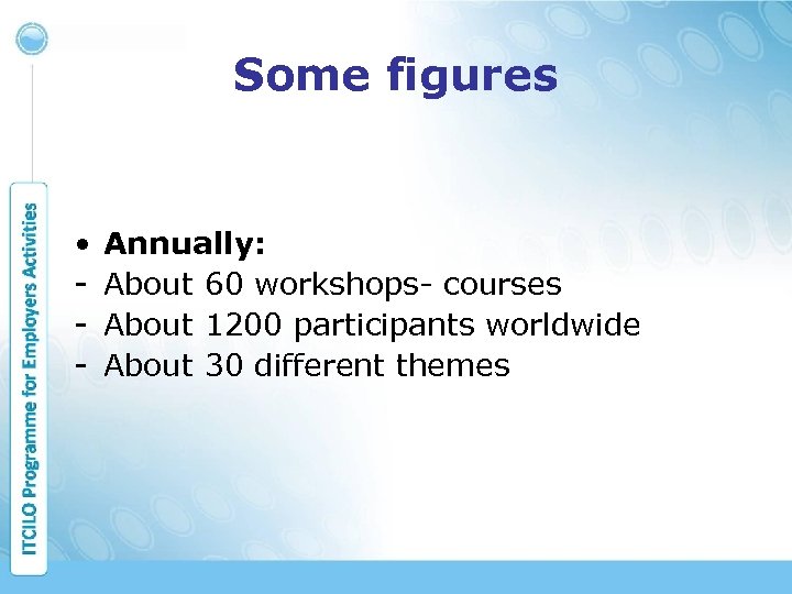 Some figures • - Annually: About 60 workshops- courses About 1200 participants worldwide About