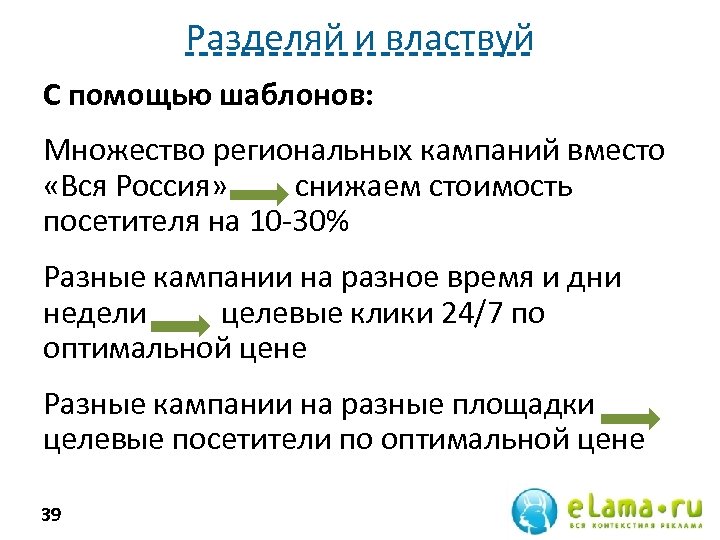 Разделяй и властвуй С помощью шаблонов: Множество региональных кампаний вместо «Вся Россия» снижаем стоимость