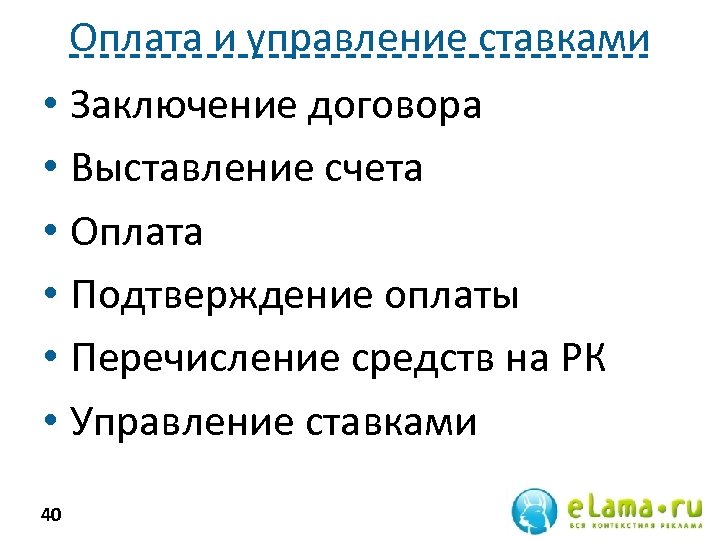 Оплата и управление ставками • Заключение договора • Выставление счета • Оплата • Подтверждение