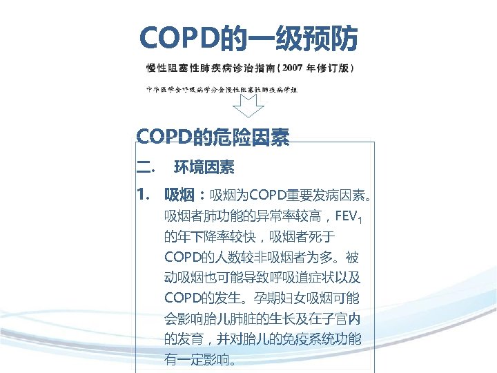 COPD的一级预防 COPD的危险因素 二. 环境因素 1. 吸烟：吸烟为COPD重要发病因素。 吸烟者肺功能的异常率较高，FEV 1 的年下降率较快，吸烟者死于 COPD的人数较非吸烟者为多。被 动吸烟也可能导致呼吸道症状以及 COPD的发生。孕期妇女吸烟可能 会影响胎儿肺脏的生长及在子宫内 的发育，并对胎儿的免疫系统功能