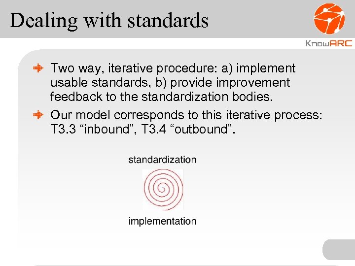 Dealing with standards Two way, iterative procedure: a) implement usable standards, b) provide improvement