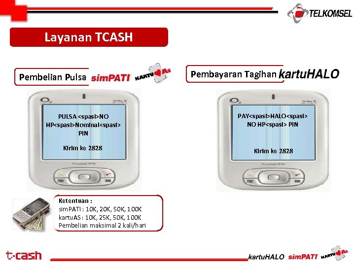 Layanan TCASH Pembelian Pulsa Pembayaran Tagihan PULSA <spasi>NO HP<spasi>Nominal<spasi> PIN PAY<spasi>HALO<spasi> NO HP<spasi> PIN