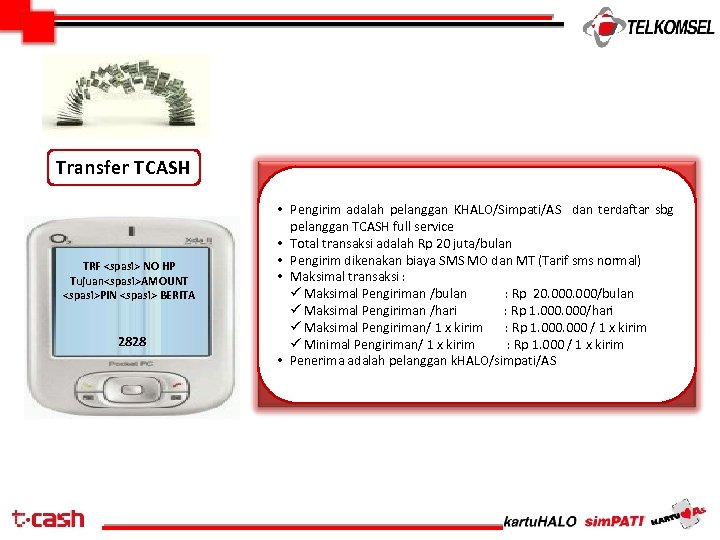 Transfer TCASH TRF <spasi> NO HP Tujuan<spasi>AMOUNT <spasi>PIN <spasi> BERITA 2828 • Pengirim adalah
