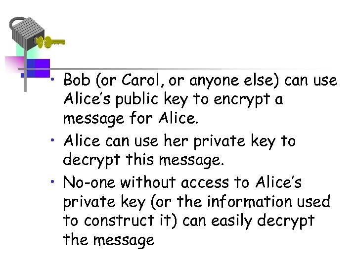  • Bob (or Carol, or anyone else) can use Alice’s public key to