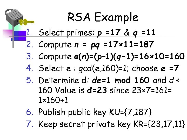 RSA Example 1. 2. 3. 4. 5. Select primes: p =17 & q =11