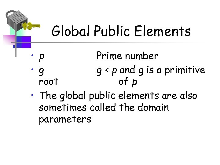 Global Public Elements • p Prime number • g g < p and g