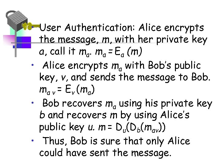  • User Authentication: Alice encrypts the message, m, with her private key a,