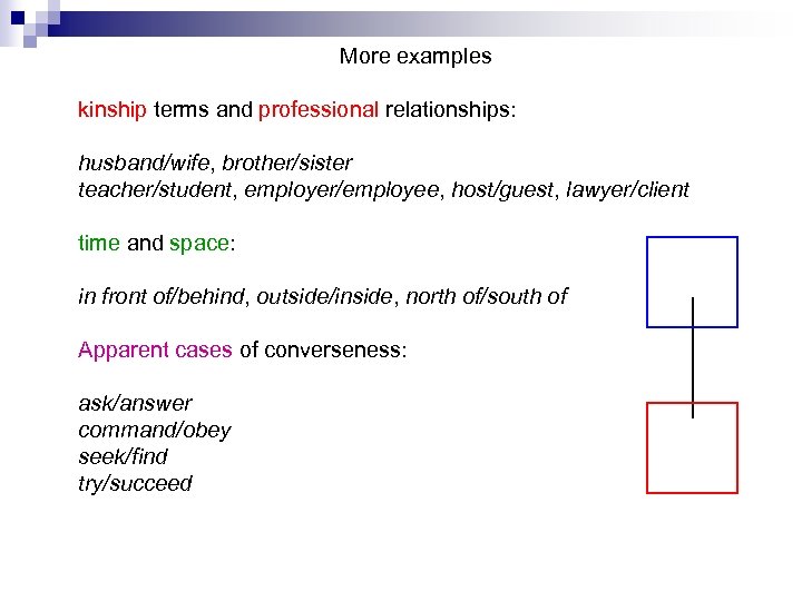 More examples kinship terms and professional relationships: husband/wife, brother/sister teacher/student, employer/employee, host/guest, lawyer/client time