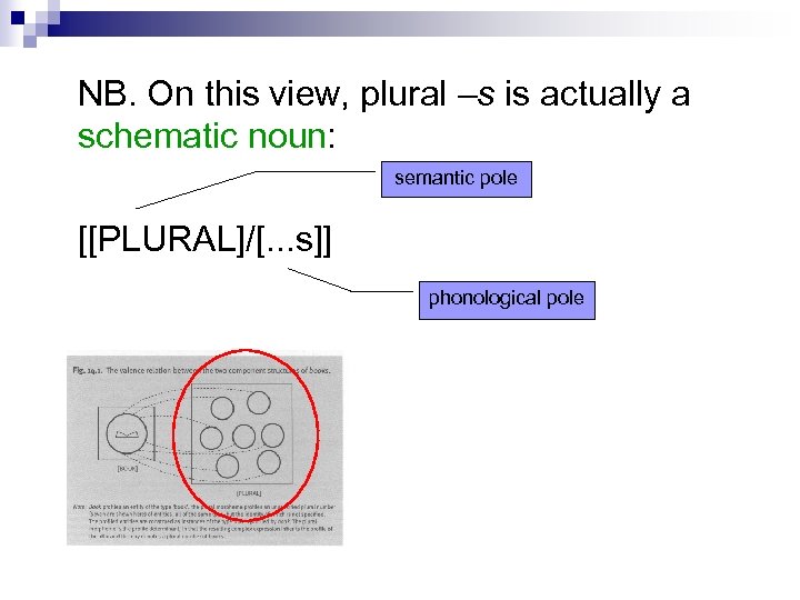 NB. On this view, plural –s is actually a schematic noun: semantic pole [[PLURAL]/[.