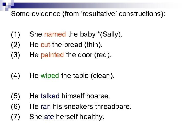 Some evidence (from ‘resultative’ constructions): (1) (2) (3) She named the baby *(Sally). He