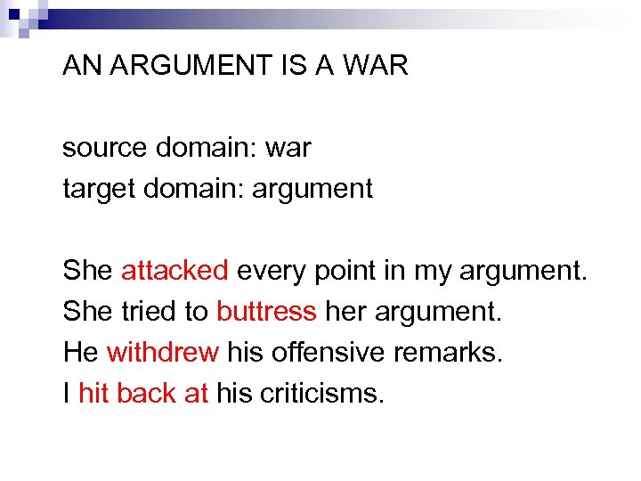 AN ARGUMENT IS A WAR source domain: war target domain: argument She attacked every