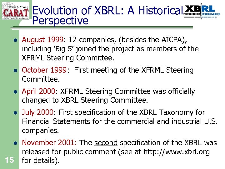 Evolution of XBRL: A Historical Perspective l August 1999: 12 companies, (besides the AICPA),