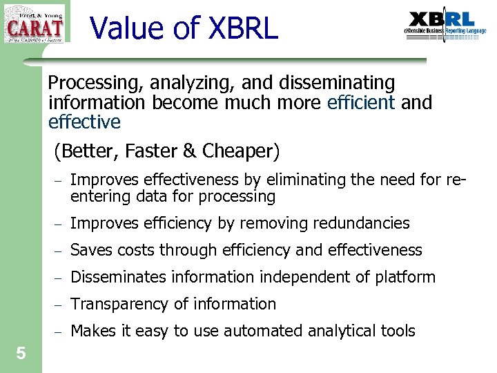 Value of XBRL Processing, analyzing, and disseminating information become much more efficient and effective