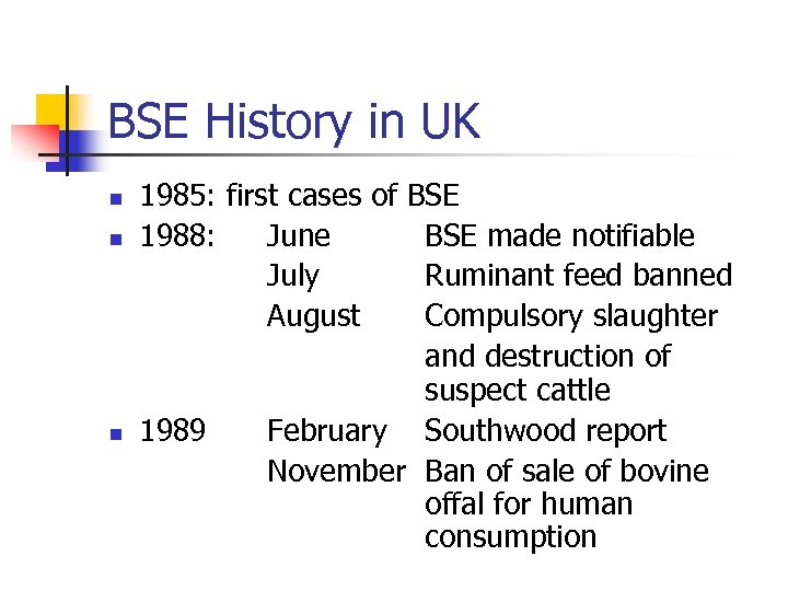 BSE History in UK n n n 1985: first cases of BSE 1988: June