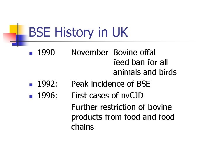 BSE History in UK n n n 1990 1992: 1996: November Bovine offal feed