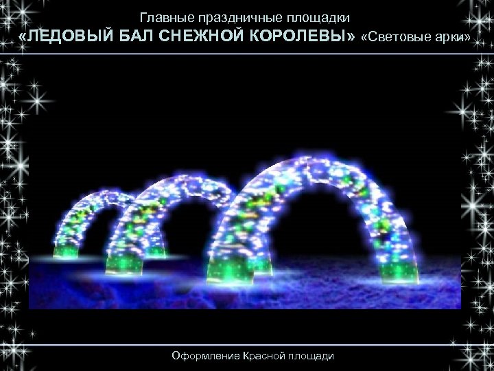 Главные праздничные площадки «ЛЕДОВЫЙ БАЛ СНЕЖНОЙ КОРОЛЕВЫ» «Световые арки» Оформление Красной площади 