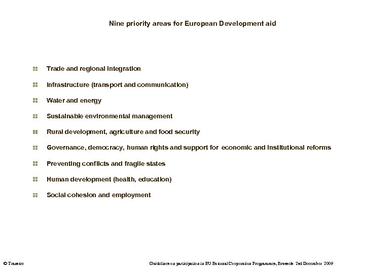 Nine priority areas for European Development aid Trade and regional integration Infrastructure (transport and