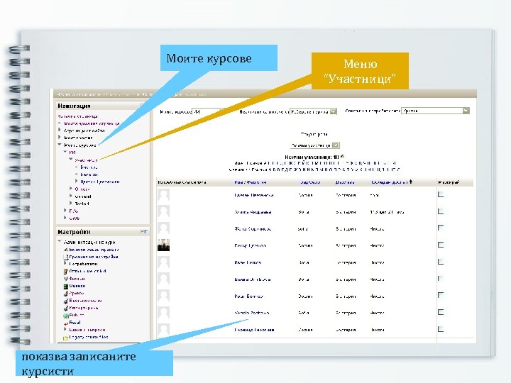Моите курсове показва записаните курсисти Меню “Участници” 
