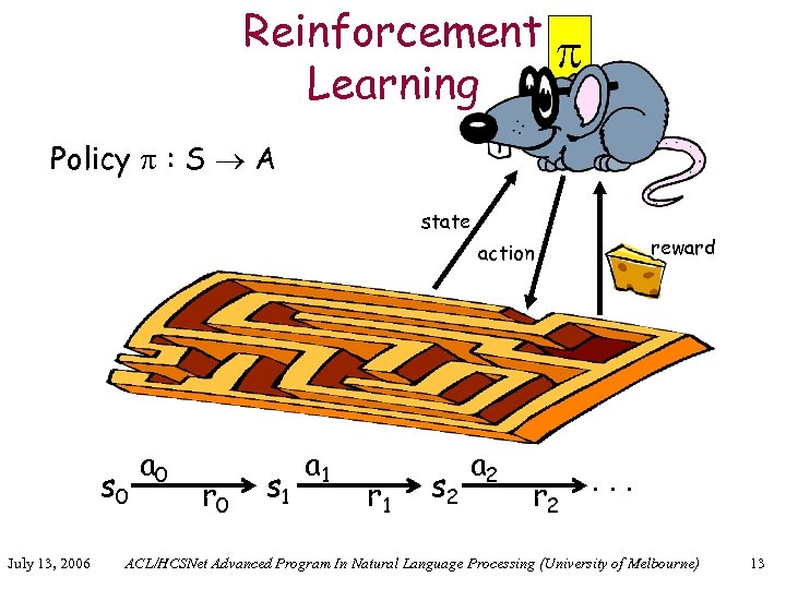 Reinforcement Learning Policy : S A state reward action s 0 July 13, 2006