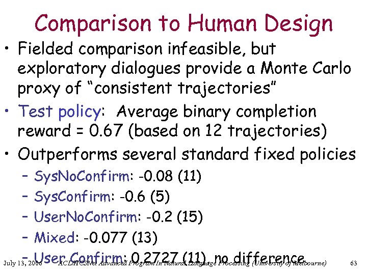 Comparison to Human Design • Fielded comparison infeasible, but exploratory dialogues provide a Monte