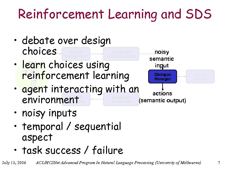 Reinforcement Learning and SDS • debate over design noisy choices semantic input • learn