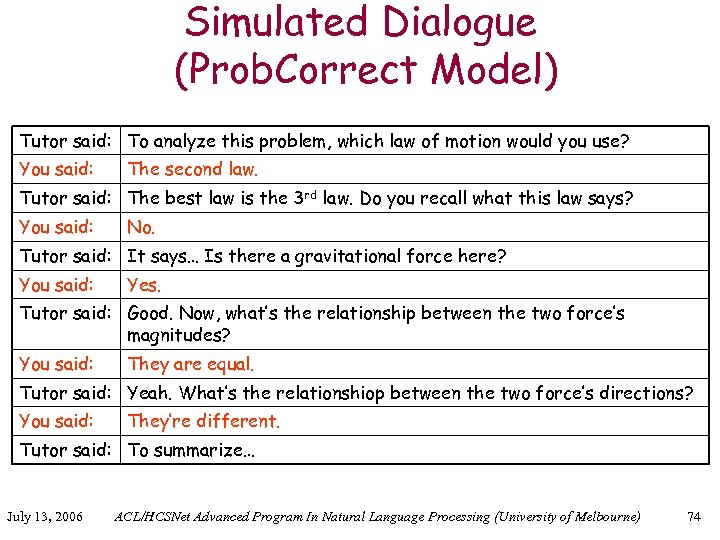 Simulated Dialogue (Prob. Correct Model) Tutor said: To analyze this problem, which law of