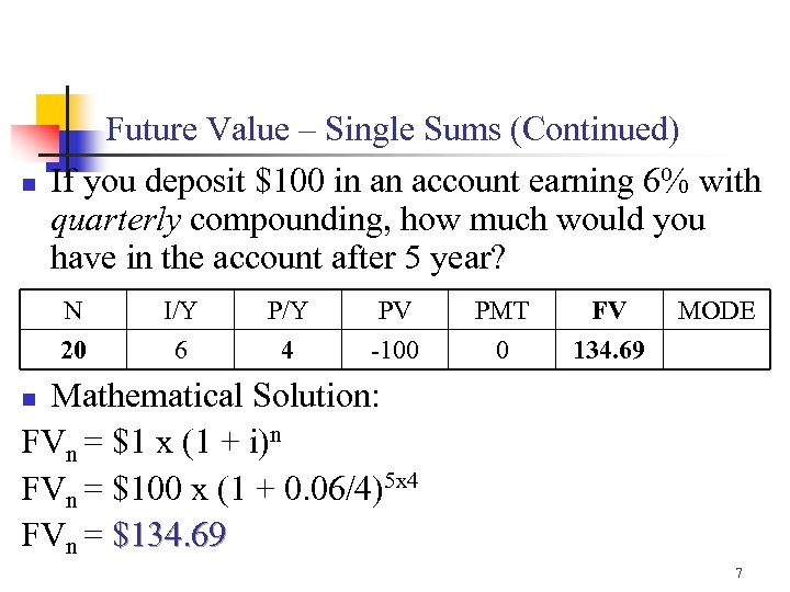 n Future Value – Single Sums (Continued) If you deposit $100 in an account